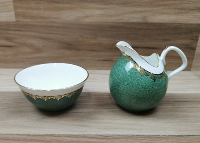 Vintage E Brain & Co Foley Porzellan kleine grün & gold Milchkännchen & Zuckerdose