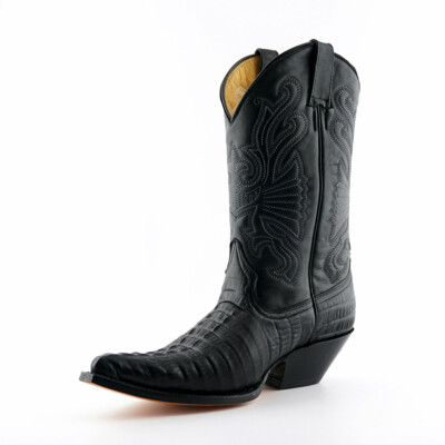 Grinders Carolina Croc Black Leather Crocodile Tail Boot Cowboy Westernstiefel