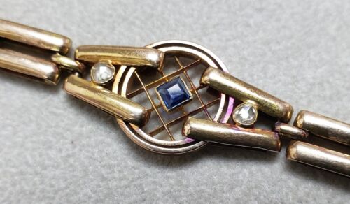Pulsera antigua oro macizo 14K con piedra azul y diamantes talla rosa 8" - Imagen 3 de 12