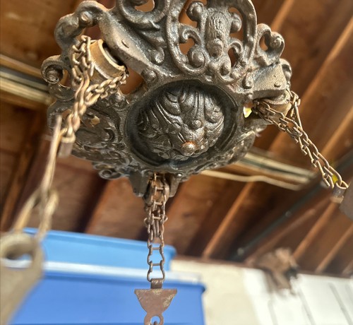 Antique French Iron Brass Porcelain Enamel Oil/Kerosine Hanging Lamp/Chandelier - Picture 4 of 17