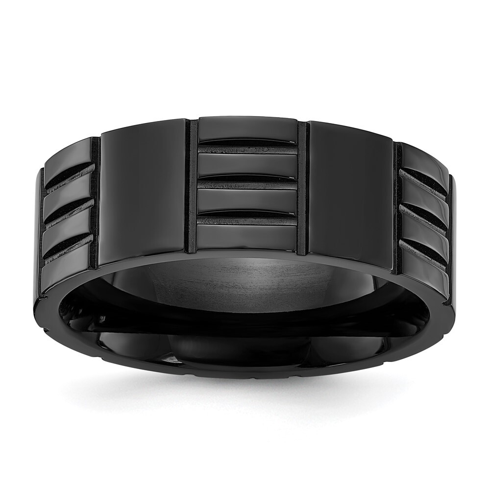 Titanium Polished Black IP-plated Grooved 8mm Band Ring Size 10