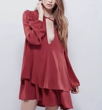FREE PEOPLE Beck Mini Dress Tunic Top Red Rouge Cut Out Tiered Philadelphia Sz S