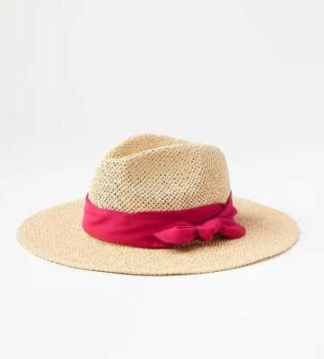 New LOFT Women Fedora Hat Sz S/M Natural Straw Pink Ribbon  display picture 1