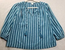 LOFT Top Women’s Small S Blue White Striped ¾ Sleeve Blouse Tassels Beach Casual