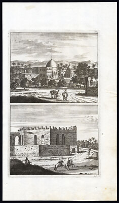 Antiker Druck-ANSICHT VON KAIRO-PALAST SULTAN-AQUADUKT-ÄGYPTEN-Le Brun-de Bruyn-1700