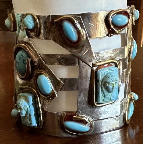 Unmarked Silver Scarab Turquoise Cuff Bracelet 2-1/8"-wide Handmade - Picture 4 of 11