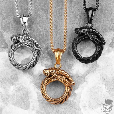 Collares Largos Colgantes Cadena Cadena Ouroboros Serpiente Dragón Plata Dorado Negro Color eBay