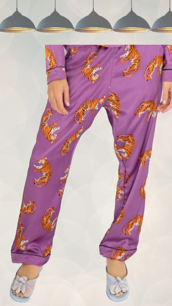 Pigiama Donna In Raso Tigre Rosa – Camicia E Pantaloni PrettyLittleThings (Nuovo Senza Etichette)