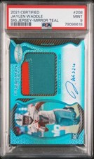JAYLEN WADDLE 2021 CERTIFIED FRESHMAN FABRIC PATCH AUTO MIRROR TEAL RC /35 PSA 9