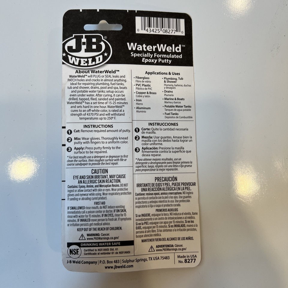 J-B Weld 8277 WaterWeld Epoxy Putty Stick - 2 oz. Off White | eBay