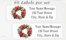 60 Personalized Return Address Labels 2/3" x 1 3/4"- Christmas Poinsettia Wreath