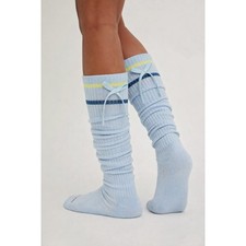 Free People FP Movement Slouchy Knee High Socks Blue Bow Striped Athletic NWT