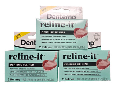 Dentemp Denture RELINER RELINE IT - 2 repairs / box ( 3 boxes ) green NEW LOOK!