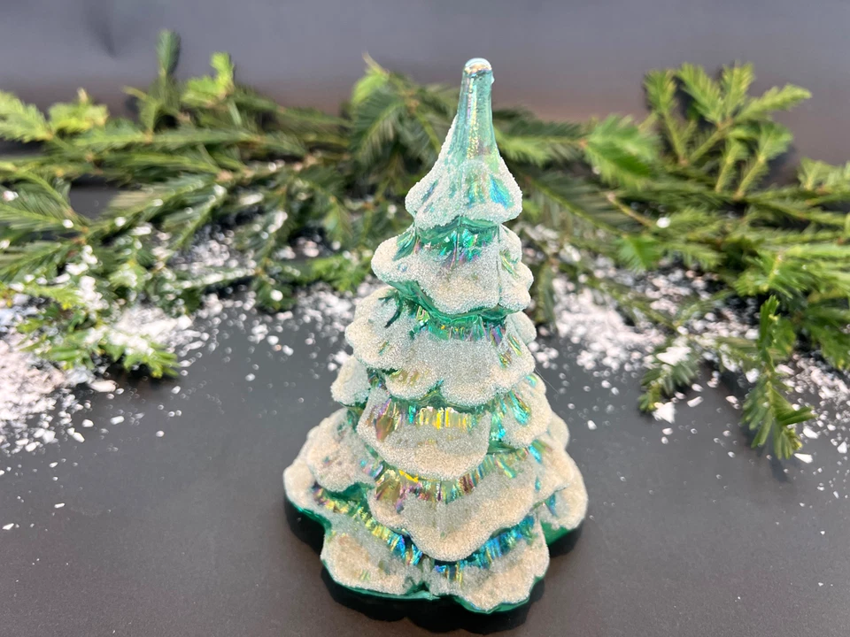 Vintage Fenton Aqua Blue Iridescent Glass Flocked Christmas Tree 6.25” - image 3 of 4