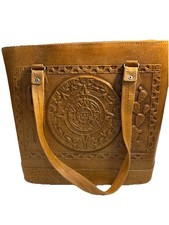 Vintage hand tooled leather Tan Embossed Aztec Art Tote Shoulder Bag