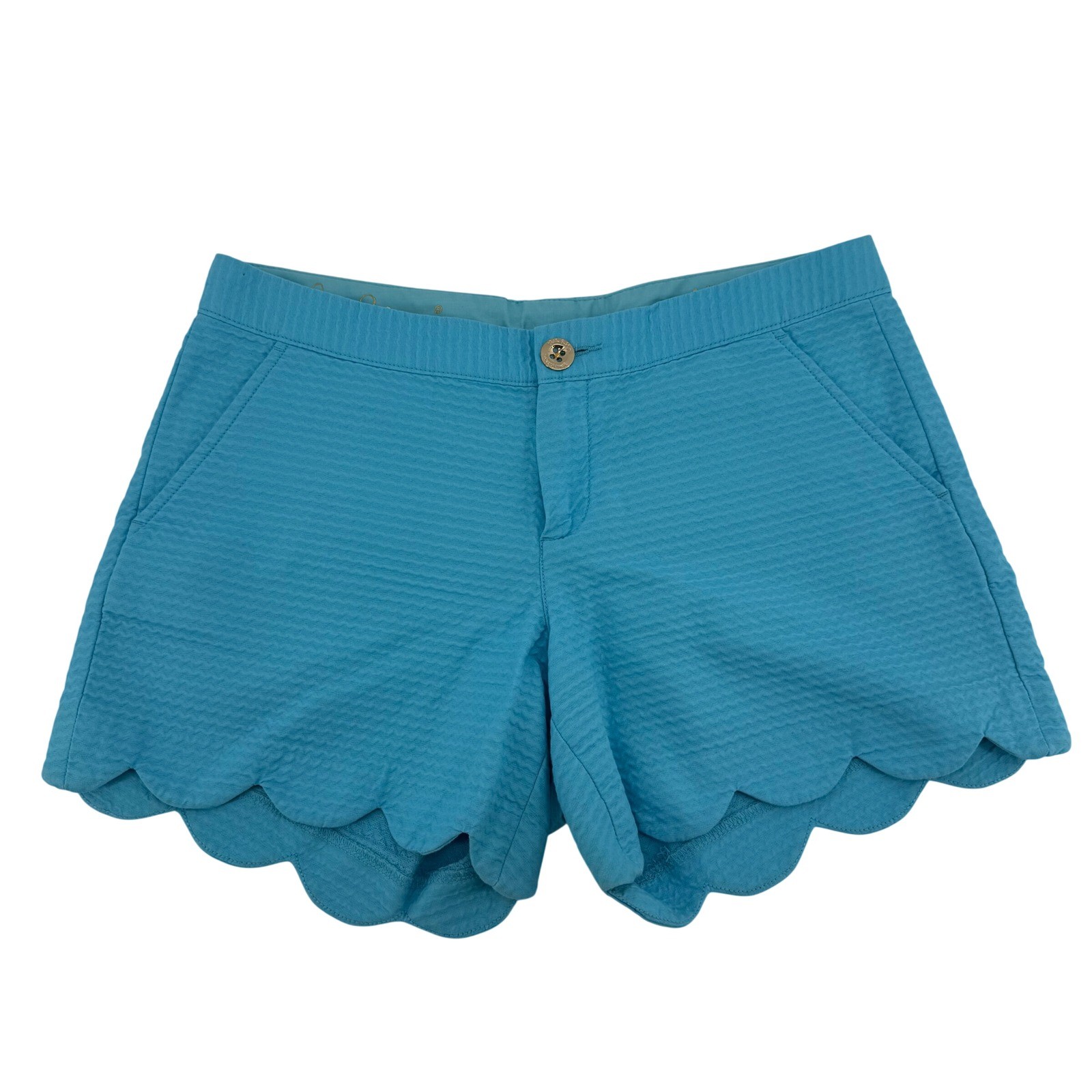 Lilly Pulitzer Buttercup Shorts Turquoise Blue Seersucker Scalloped Hem Size 4
