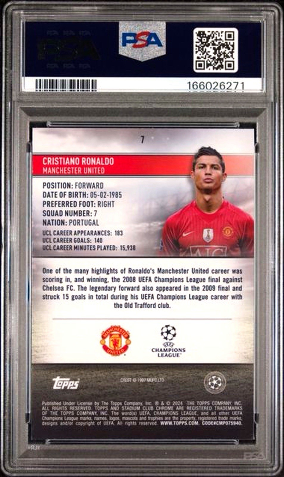 2023-24 Topps Stadium Club Chrome Cristiano Ronaldo Pink Red Refractor #7 PSA 8 view 2