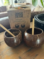 Jungle Culture Natural Coconut Cups with Bamboo Straws Set of Two New In Box