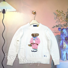 POLO RALPH LAUREN Polo Bear Knit Sweater White Pink Bear Cotton Women's M w/ Box