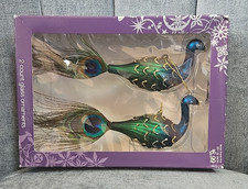 Target Peacock 7.5" Glass Christmas Ornaments 2006 Box of 2 Feather Glitter