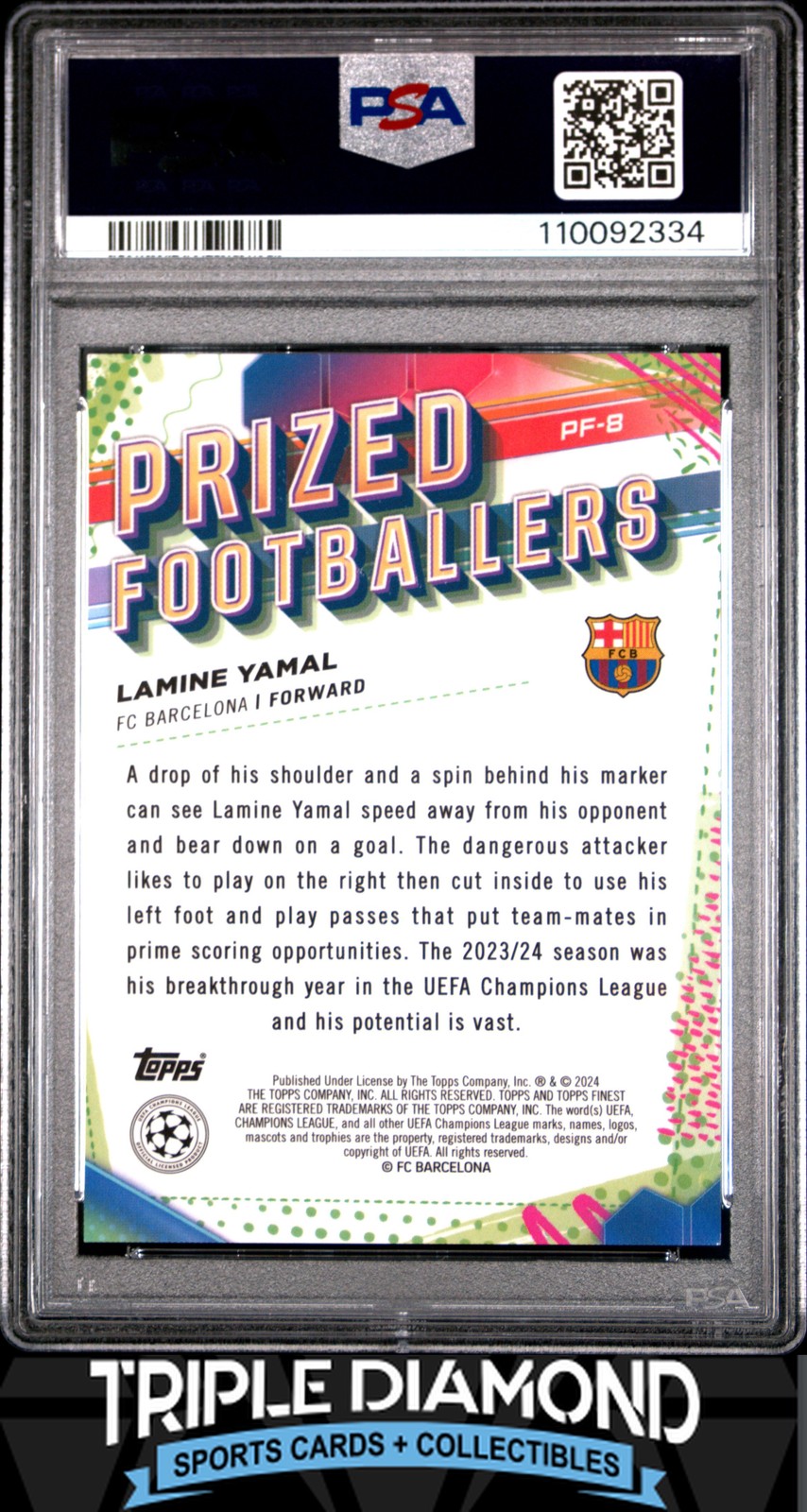 2023-24 Topps Finest UCC Lamine Yamal Rookie Prized FB Blue #031/150 PSA 10 L517 view 2