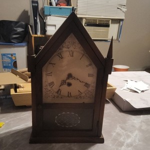 Brown House-Shaped Wood & Glass Mantel Clock, Analog Roman Numerals Face
