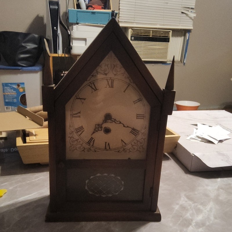 Brown House-Shaped Wood & Glass Mantel Clock, Analog Roman Numerals Face