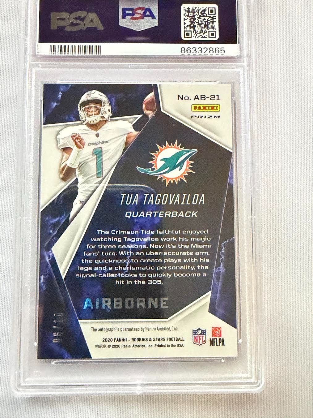 2020 Panini Rookies & Stars - Airborne Tua Tagovailoa ROOKIE AUTO /10  PSA 10 view 2