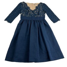 Eliza J A-Line Dress Women's 4 Blue Lace Overlay Bodice 3/4 Sleeve Lined Party