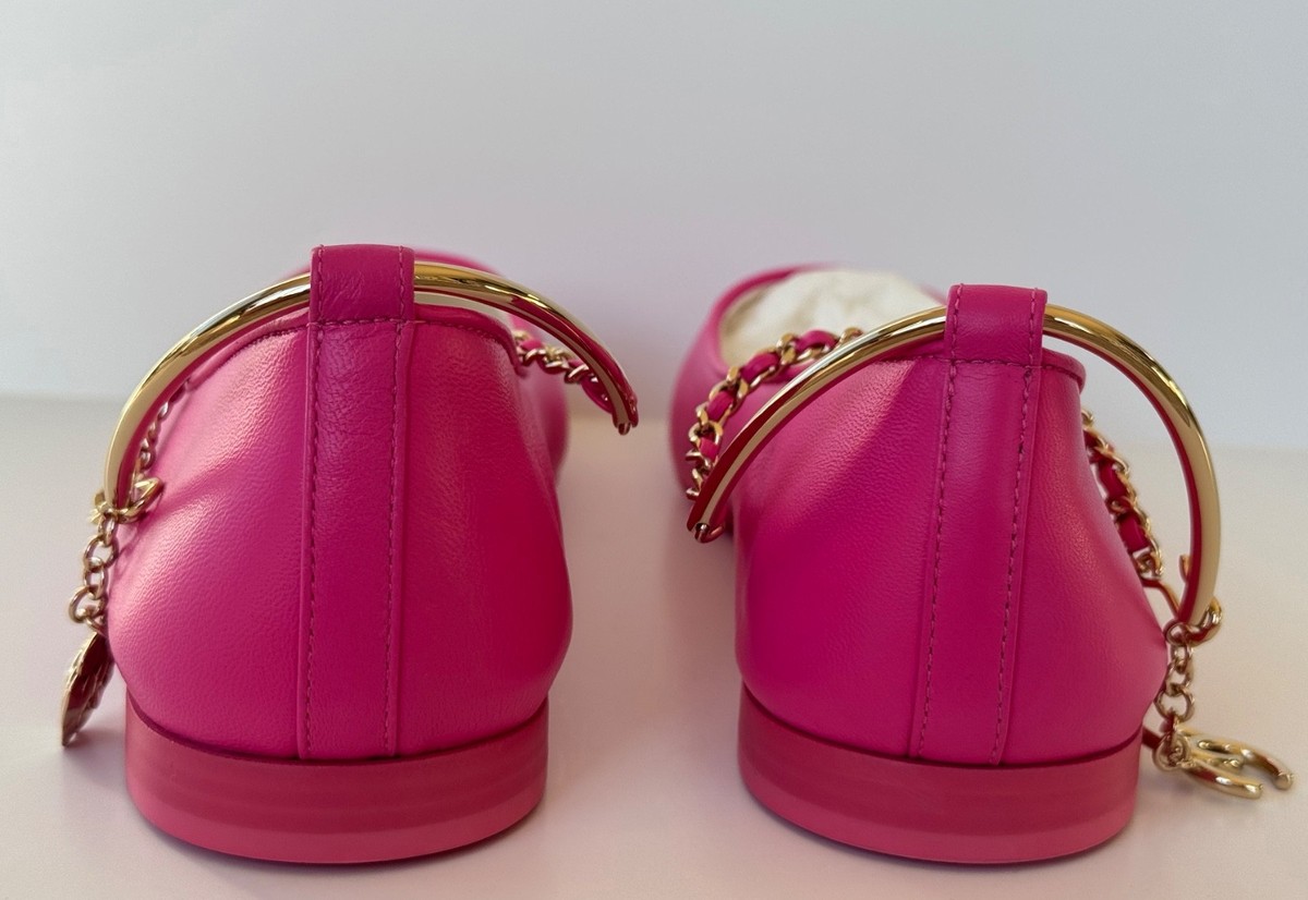 NEW 22S CHANEL PINK LEATHER BALLET BALLERINA FLATS ANKLE STRAP