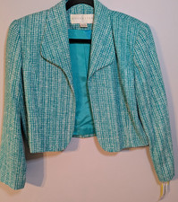 NWT - Doncaster Women's Green White Woven 100 Silk Cropped Jacket Size 12P