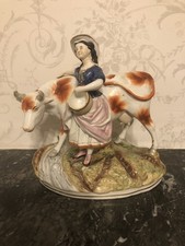 ANTIQUE CIRCA-1880 STAFFORDSHIRE POTTERY FIGURE OF COW AND MILKMAID 8" WIDE