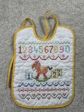 Vintage Hand Embroidered Baby Bib Cross Stitch Numbers Rocking Horse Quilted Bib
