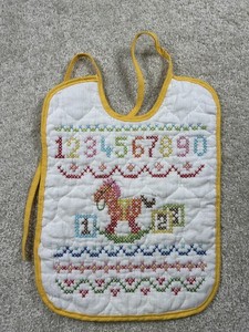 Vintage Hand Embroidered Baby Bib Cross Stitch Numbers Rocking Horse Quilted Bib