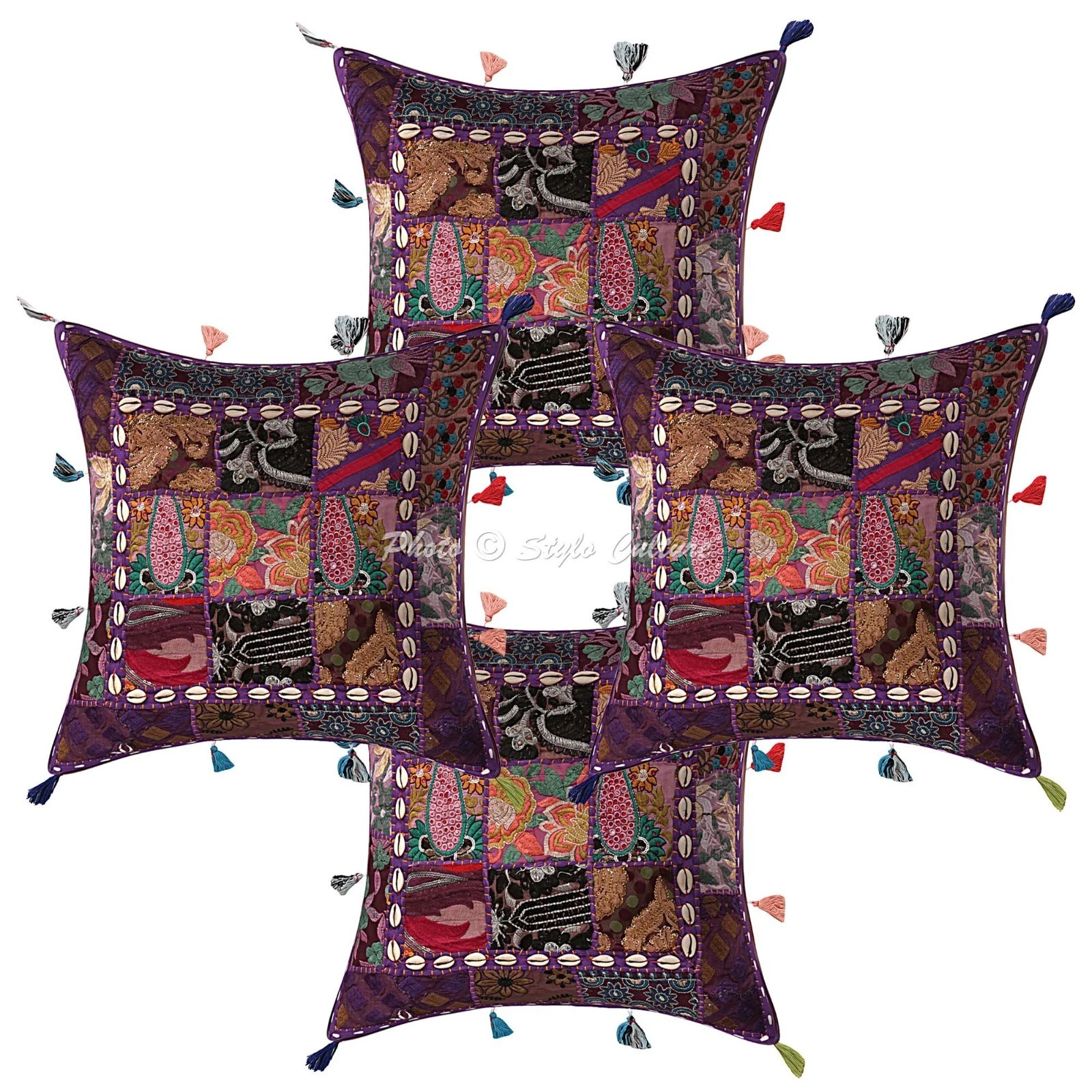 Indian Patchwork Cowry Tassels Throw Pillow Covers Cotton Purple Floral 43x43 cm