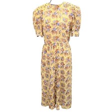 VTG 80s Leslie Fay Yellow Floral Midi Dress 10 Puff Sleeve Cottagecore Prairie