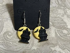 Vintage Haunted House Moon Halloween Silver Dangle Fashion Bohemian Fun Earrings