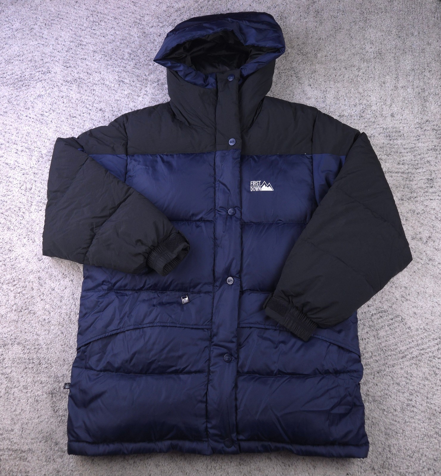 First Down Jacket Mens Medium Puffer Coat Hooded Quilted Mid Length Blue Black