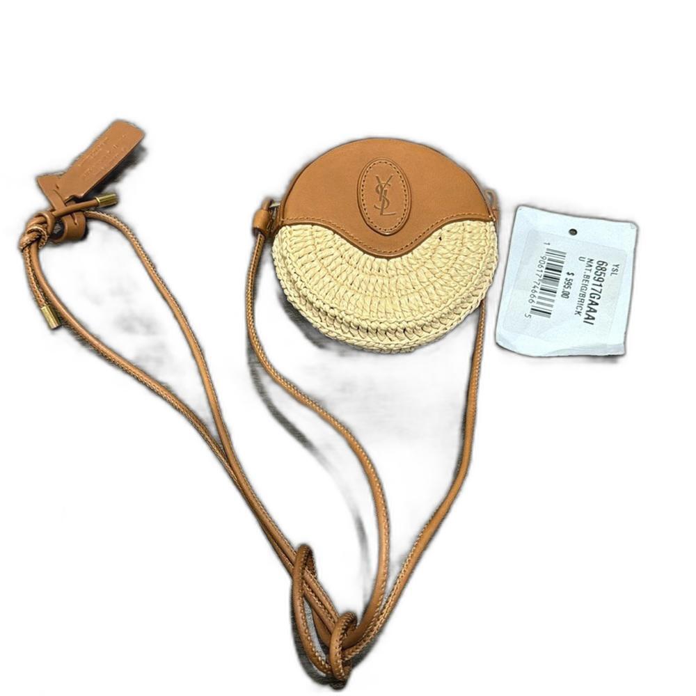 Saint Laurent YSL Logo Raffia-Leather Coin Pouch-On-Strap