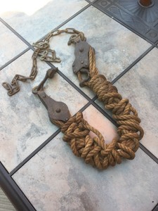 Antique Double Wheel Metal Block Tackle Barn Pulley W Rope System