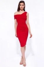 City Godess Midi Bodycon One Shoulder Pleated Red Cocktail Party Evening Dress