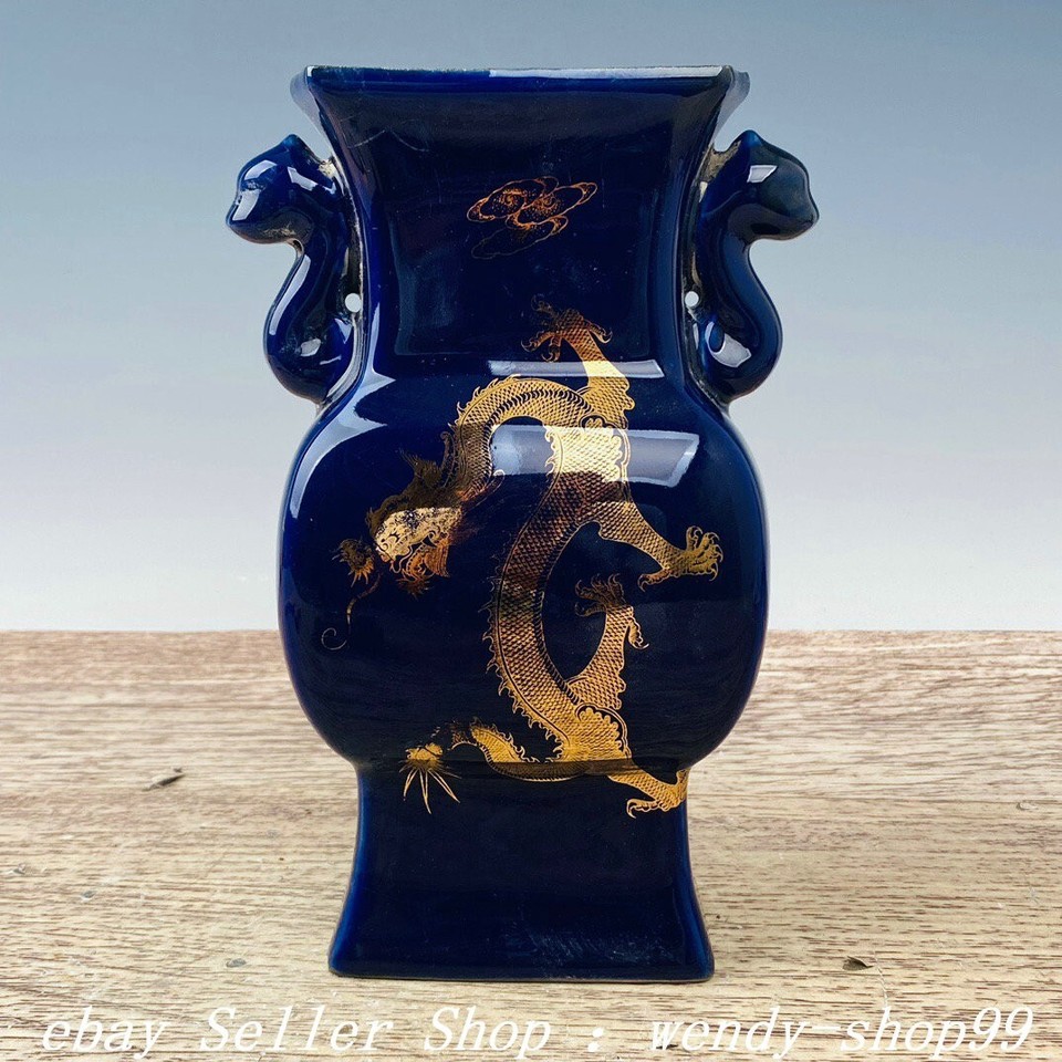 9" Old Chinese Dynasty Guan Kiln Blue Glaze Porcelain Gilt Dragon