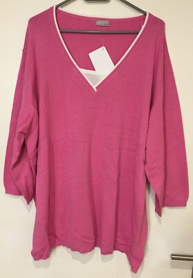 NEU DAMEN 3/4-ARM FEINSTRICKPULLOVER 56/58 PULLI ROSA WEIß SHIRT BLUSE TUNIKA