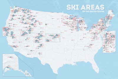 BEST MAPS EVER US Ski Areas & Resorts Map 24x36 Poster (White & Light Blue) #802