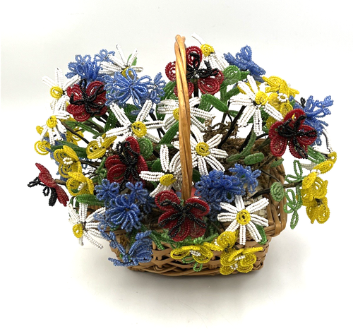 Vintage French Glass Beaded Flower Bouquet Basket Colorful Arrangements - Picture 5 of 10