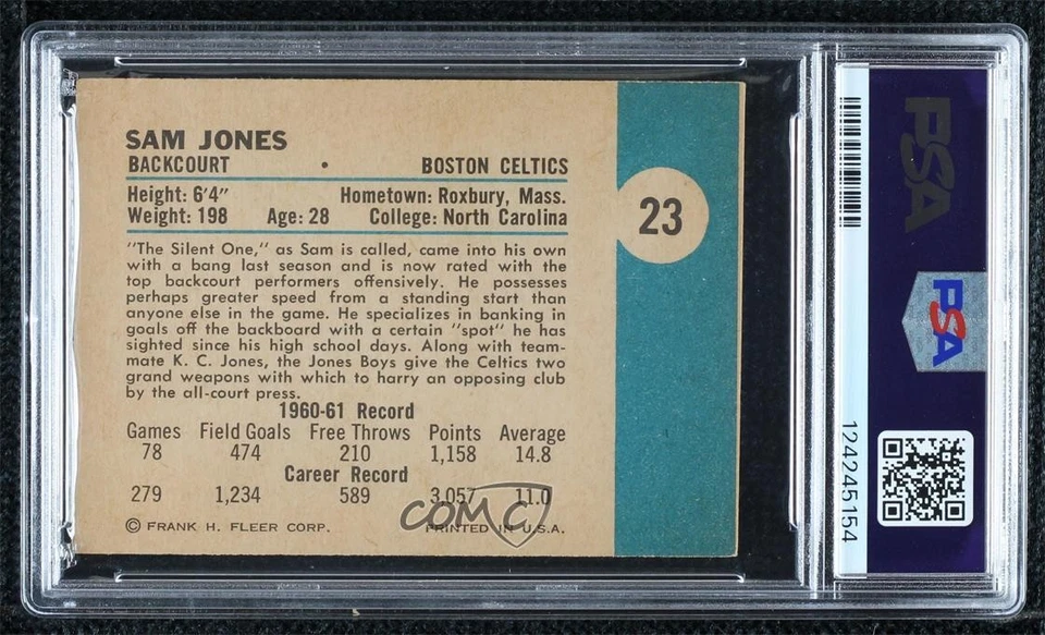 1961-62 Fleer Sam Jones #23 PSA 4 Rookie RC HOF - Image 2 of 3