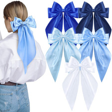 5 Pcs Blue Satin Hair Bows Large Ribbon Clips for Women Girls Long Tail