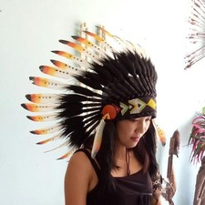 Warbonnet Feather Headdress Black Orange Painted Indian Costume Carnival Small