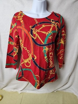Ralph Lauren Co Top 3/4 Sleeve Equestrian Chain Print Pullover SZ SMALL Priority