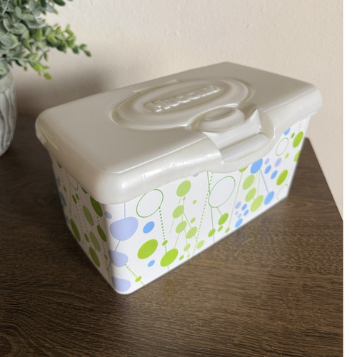 Huggies Plastic Baby Wipes Dispenser Box Flip-Top Lid White Green/Blue Pattern